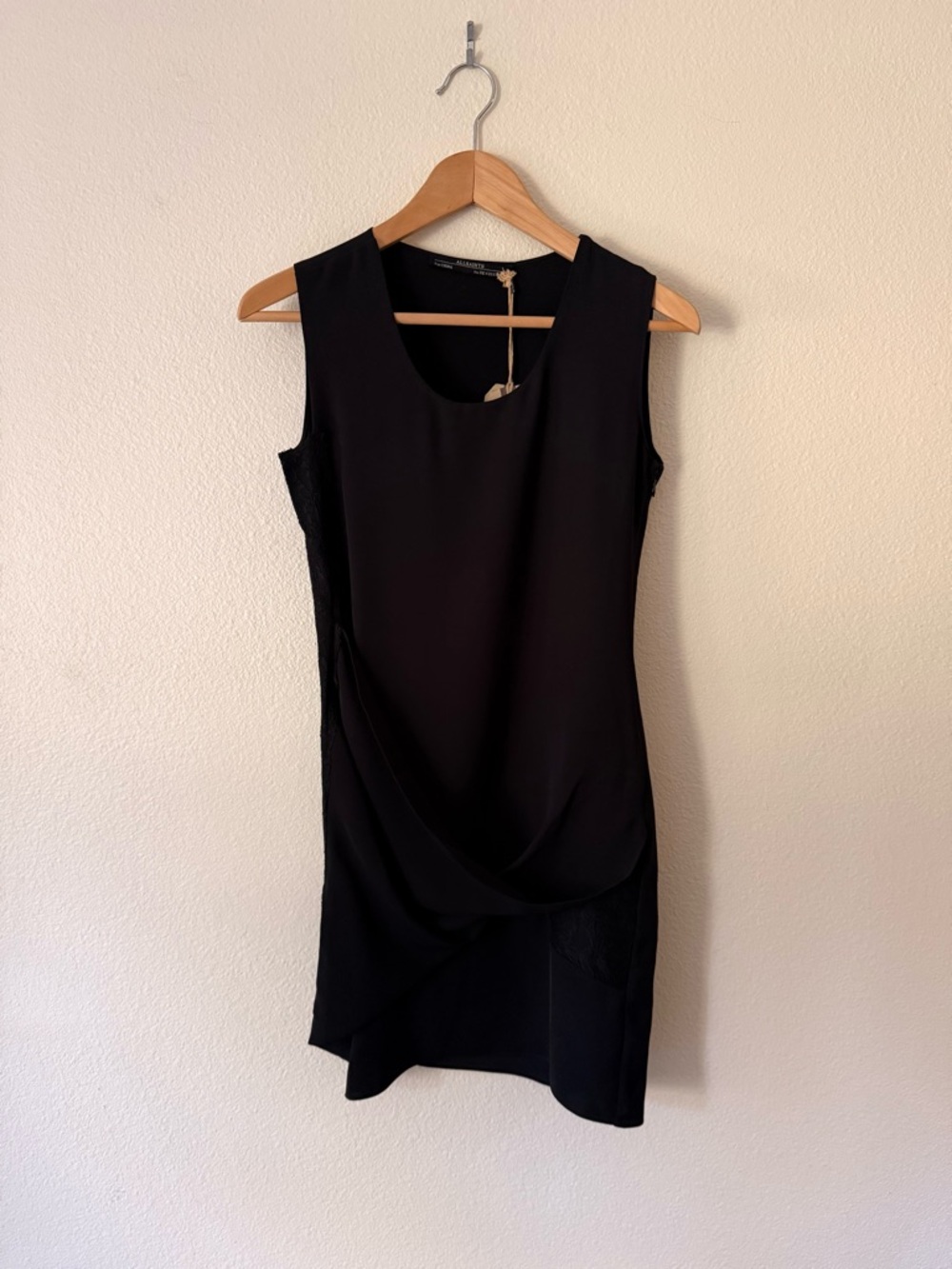 Vintage AllSaints Black Draped Silk Lace Sleeveless Mini Dress